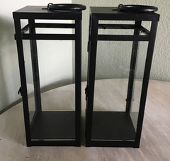 Black Metal Lg 15.5in Glass Panels 2 Set Hanging Candle Lanterns Door PRISTINE