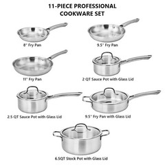 Tri-Ply Clad Stainless Steel Cookware Set 11-Pieces, Oven Safe to 500°F