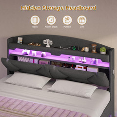 King Size Floating Bed Frame with Power Outlet, Storage Headboard with Hidden Cu