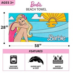 Barbie Super Soft Cotton Kids Bath/Pool/Beach Towel, 58 in x 28 in