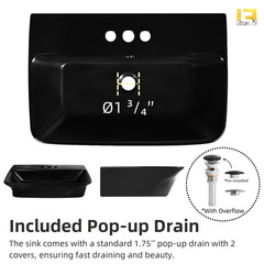 24″ Matte Black Wall Mount Bathroom Sink 4″ Centerset with Overflow & 3 Holes