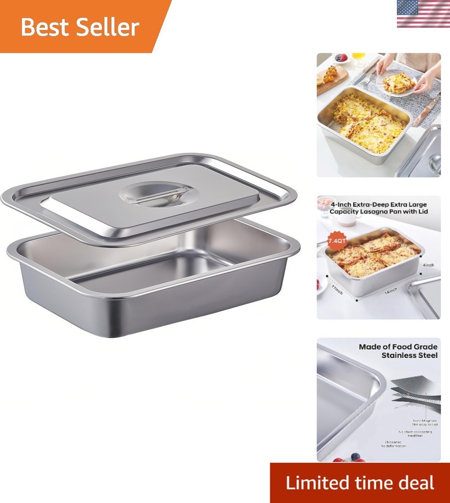 Lasagna Baking Pan with Lid 11×14 Inch Extra Deep 7.4QT Stainless Steel Oven …