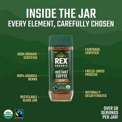 Rex Coffee Organic Fairtrade Natural Decaf Freeze-Dried Instant Arabica 3.53 oz