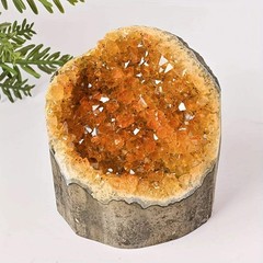 Natural Yellow Quartz Crystal Geode Cluster with Polished Mineral Inclusions