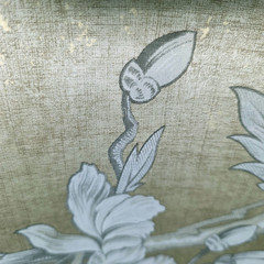 Gold foil metallic gray Chinoiserie blooming peonies branches cranes wallpaper