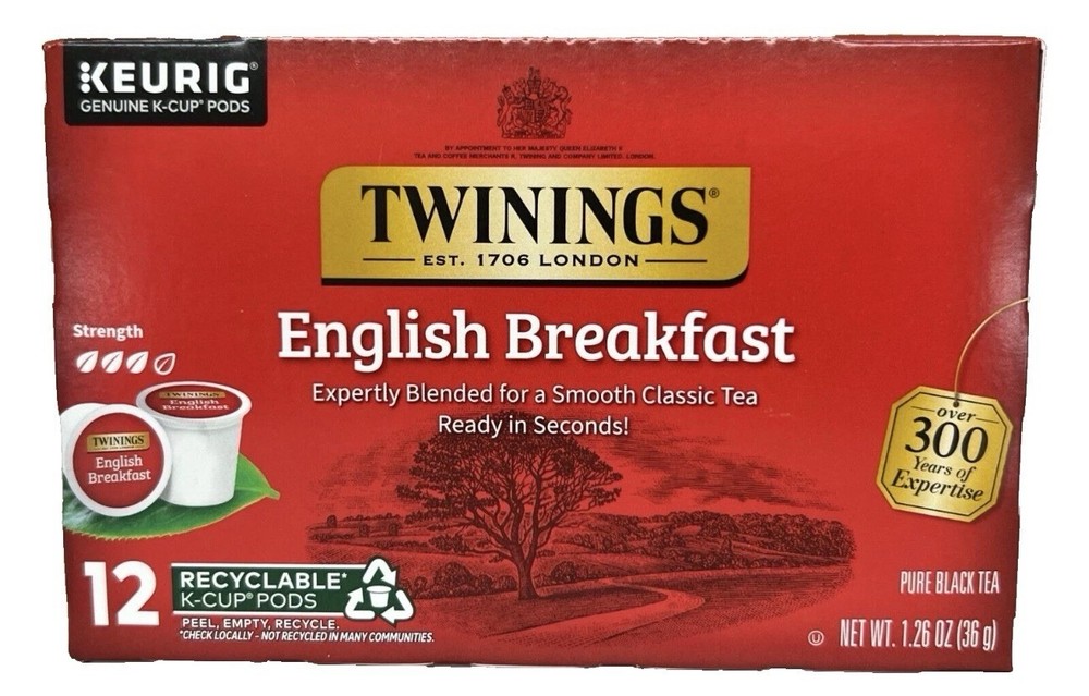 Twinings English Breakfast Pure Black Tea 12 K Cups Pods Box (EXP: 09/2028)