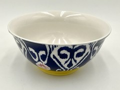 Anthropologie Footed Cereal Rice Bowl Ikat Design Blue White Yellow Pink 6.25 in