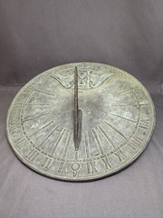 VTG BRASS 9” Sundial I Count None But Sunny Hours Winged Hourglass Garden Patina