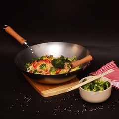 JOYCE CHEN Classic Series 14-Inch Carbon Steel Wok with Birch Handles Round Bott