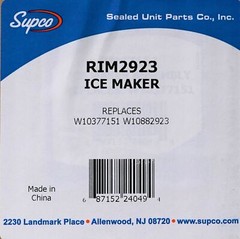 Supco RIM2923 for Whirlpool W10882923 W10377151 Refrigerator Icemaker