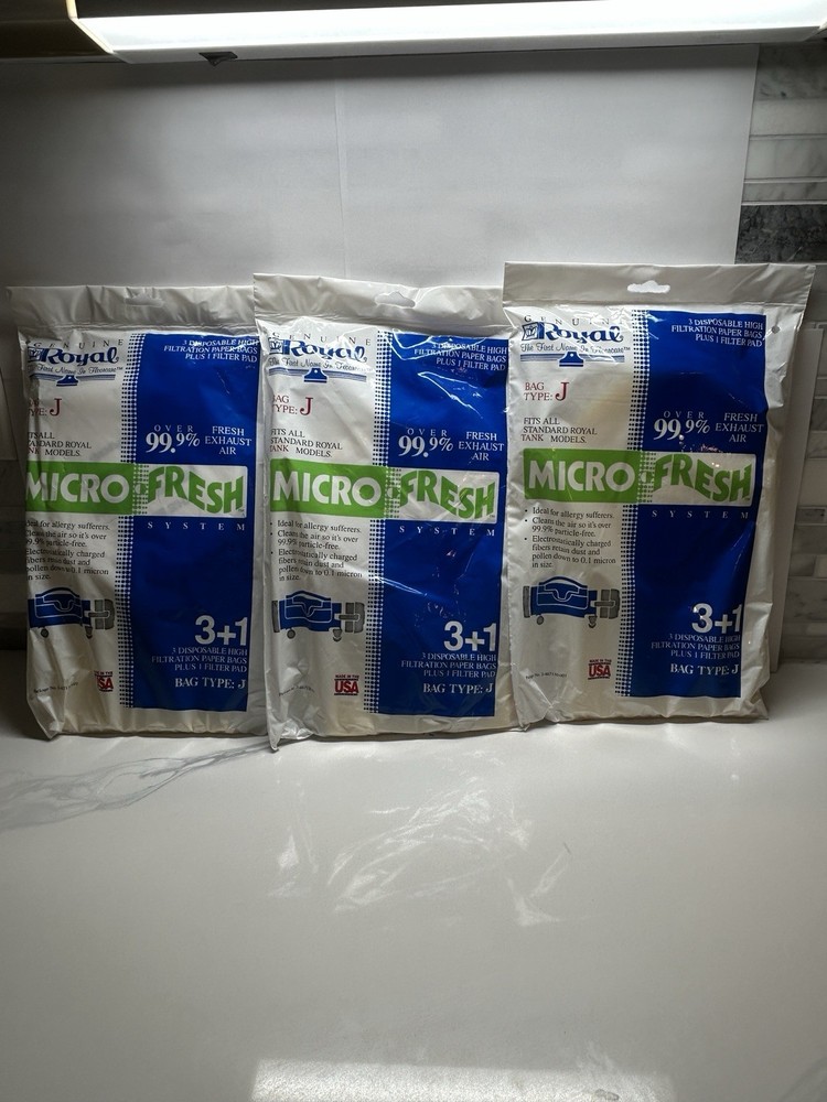 Royal Micro Fresh Type J Vacuum Bags 9 Total (3 Packs of 3) Allergen Filtration
