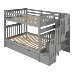 Full Over Full Bunk Bed w/ 6 Storage Drawers & Stairs For Kids Teens Adults Gray