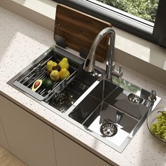 Silver Kitchen Sink Stainless Steel Double Bowl Drop In Top Mount Workstation