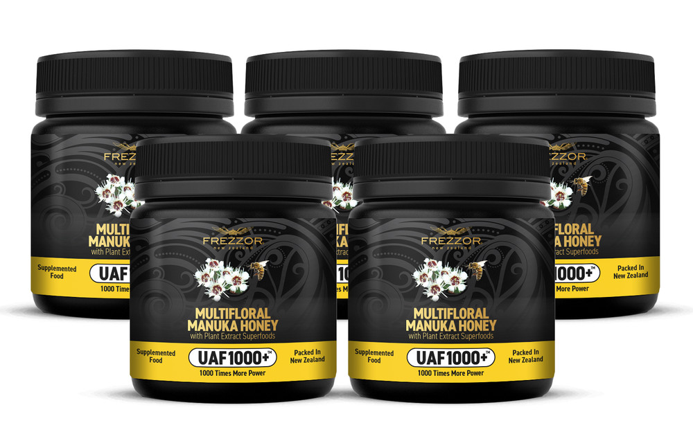 FREZZOR NEW ZEALAND MULTIFLORAL MANUKA HONEY Cold & Flu Symptom Relief 5 Jars