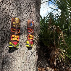 Set of 2 Tiki Wall Masks Hand Carved Wood 19.75 in Parrot Skull Decor