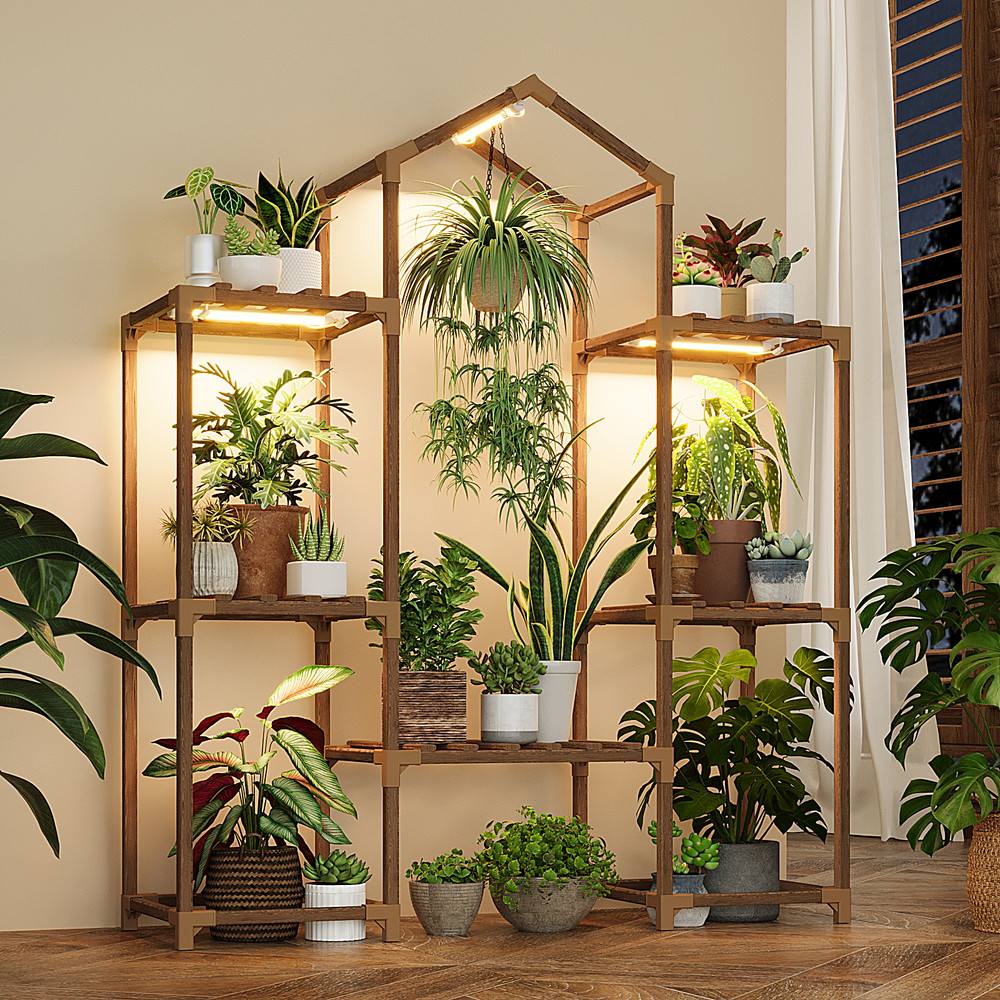 Bamworld Plant Stand Indoor with Grow Lights Wood Plant Shelf for Hanging Plant