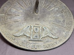 VTG BRASS 9” Sundial I Count None But Sunny Hours Winged Hourglass Garden Patina
