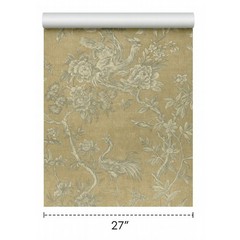 Gold foil metallic gray Chinoiserie blooming peonies branches cranes wallpaper