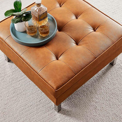 Silver Tan Tufted Faux Leather Square Ottoman for Stylish Living Spaces