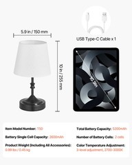 VEVOR Cordless Table Lamp Rechargeable Battery Small Desk Lamp Fabric Shade
