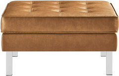 Silver Tan Tufted Faux Leather Square Ottoman for Stylish Living Spaces