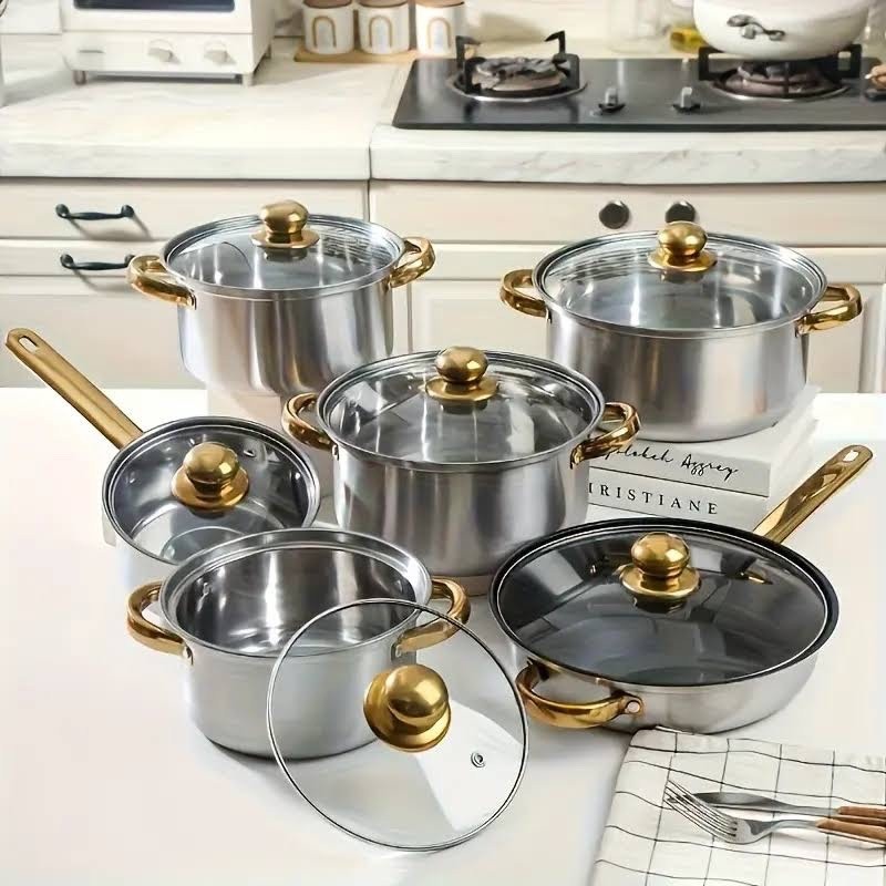 12-piece Stainless Steel Cookware Set (6 Pots + 6 Glass Lids) with Gold Handles