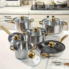 12-piece Stainless Steel Cookware Set (6 Pots + 6 Glass Lids) with Gold Handles