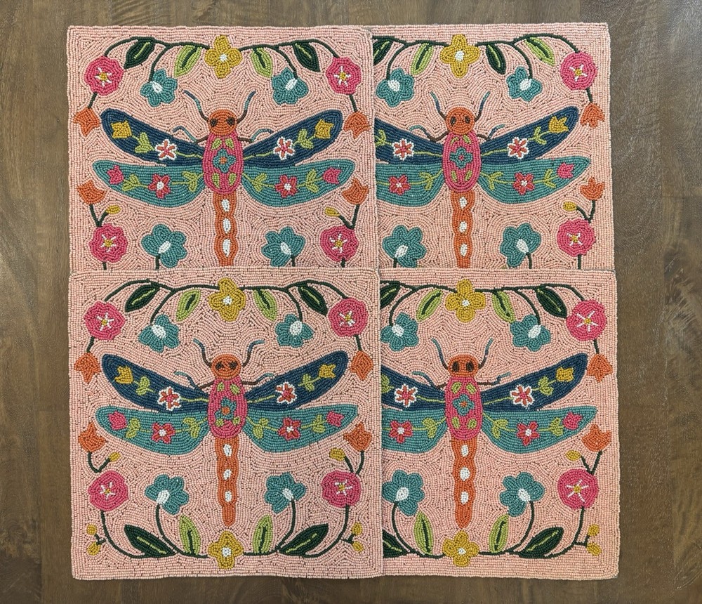 SET OF 4 Dragonfly Beaded Placemats Chargers World Market 15″X15″ Square – NEW