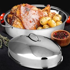 Nutrichef Oval Roasting Pan w/ Polished Rack, Wide Handle & Stainless Steel Lid,