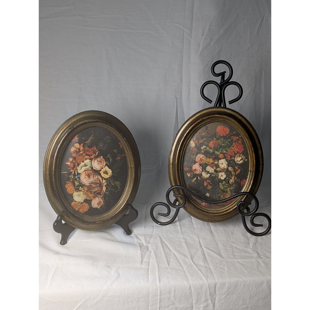 Vintage Oval Floral Wall Plaques Set of 2 Made in Italy Gold Ornate Fram 9.5×7.5