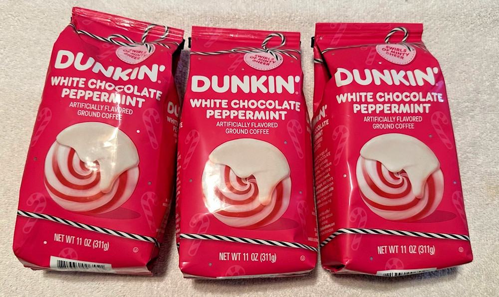 New 3 Bags Dunkin’ Donuts White Chocolate Peppermint Ground COFFEE Exp Sept 2026