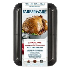 Farberware Bakeware Roasting Pan 10.5×15 Gray Non-Stick with Flat Removable Rack