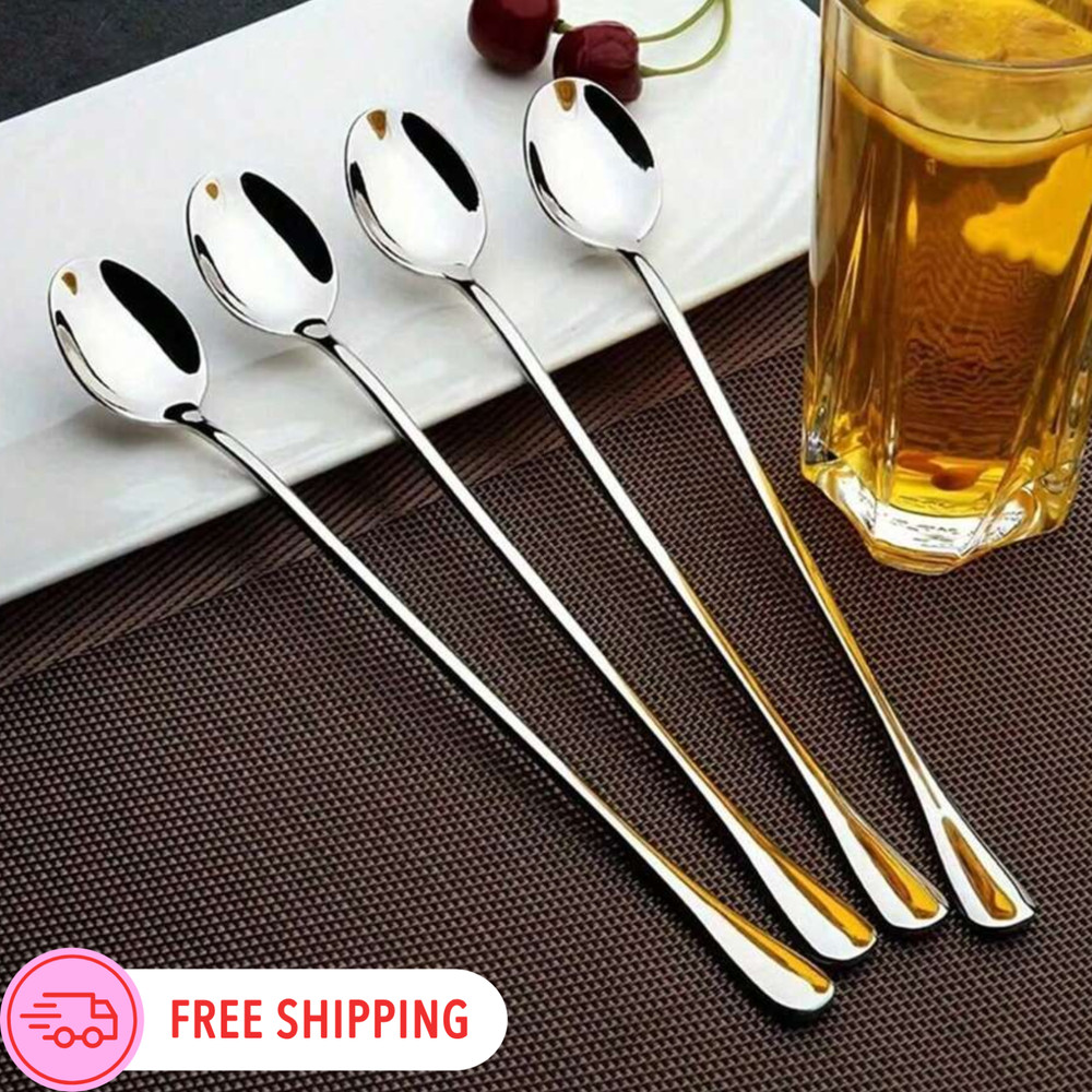 4/8pcs 7.5″ Stainless Steel Mixing Spoons Long Handle Iced Tea & Ice Cream Spoon