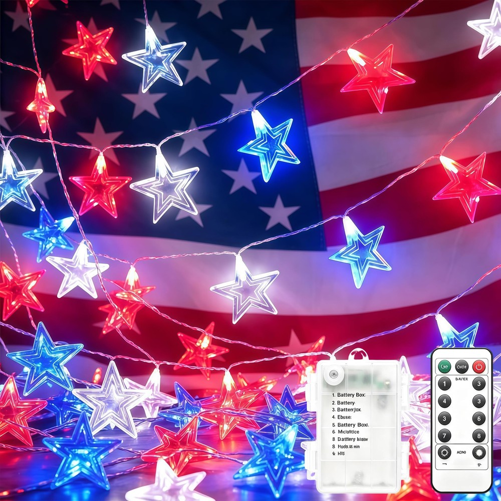 20 LED 4th of July Patriotic Star String Lights Red White Blue Decor