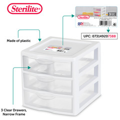 Sterilite Small 3 Drawer Unit, Clear Plastic Countertop or Desktop Drawers,White