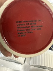 NIP 6 STONEWARE 3.25″ BOWLS w/ LIDS, NEVER USED, RED / WHITE / BLUE, JOBAR INTNL