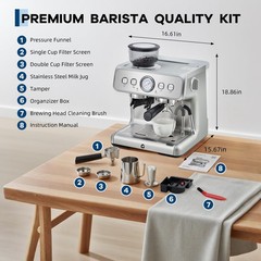 Garvee Stainless Steel Espresso Machine with Grinder & 20 Bar Pressure, 2.8L