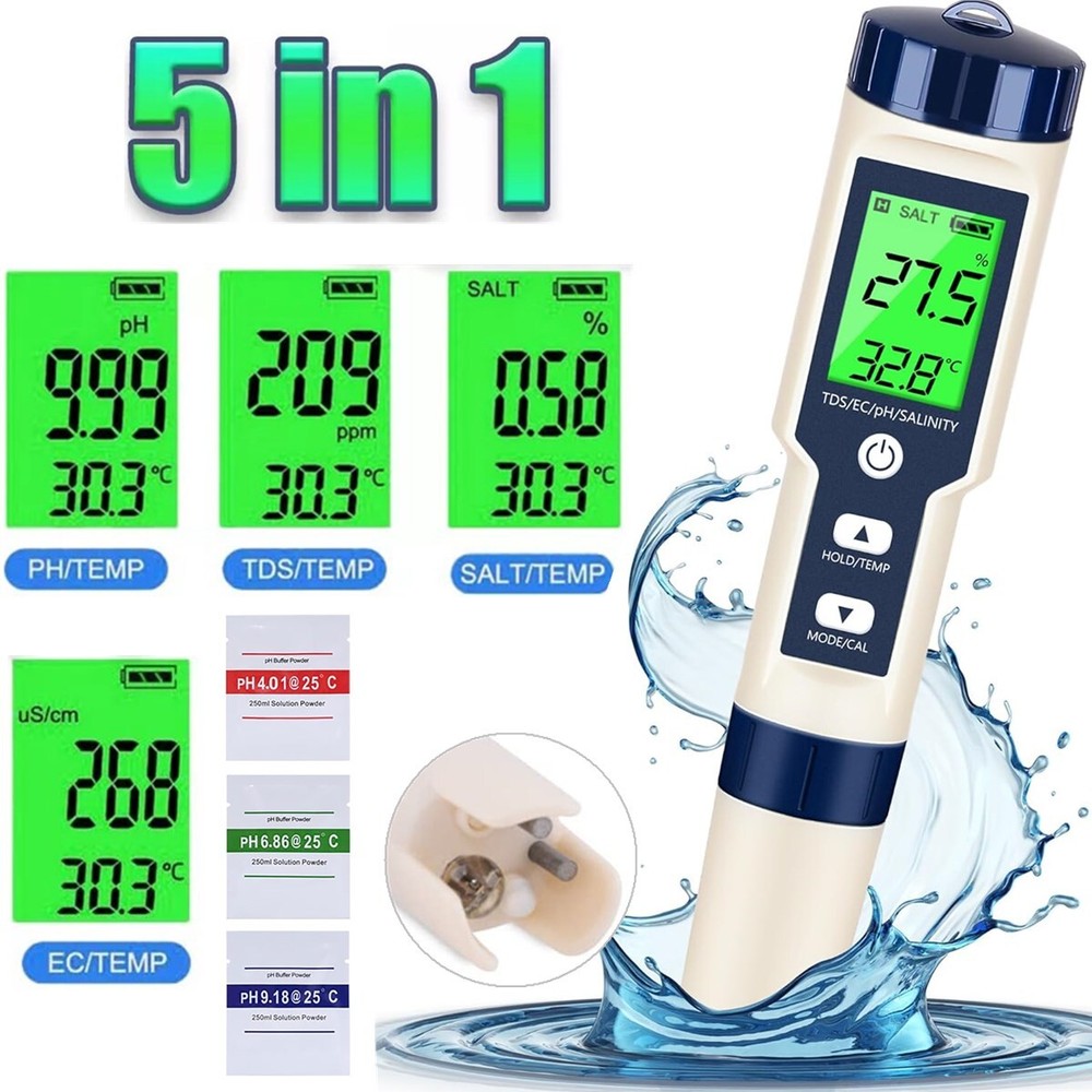 5 In 1 Digital Water Quality Meter Tester Tool PH/TDS/EC/Salinity/Temperature