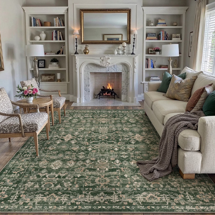 Vintage Green 8×10 Area Rug Non Slip Machine Washable Distressed Oriental Rug