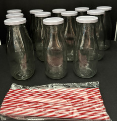 10 oz. Glass Milk Bottles with Reusable Lids and Red & White Straws Lot of 12