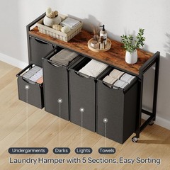 Laundry Sorter with 5 Sections, 45.5 Gal. (170 L) Laundry Hamper with Wheels and