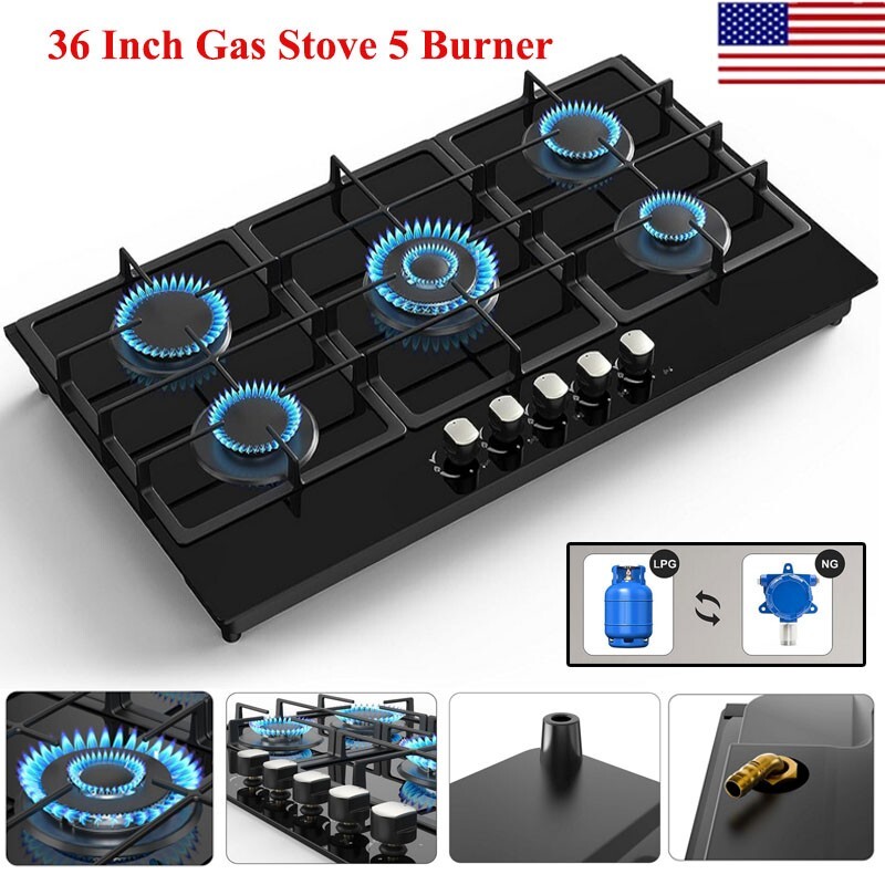 36 Inch Gas Stove Built-in Gas Cooktop Tempered Glass Gas Hob NG/LPG Convertible