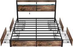 King Queen Full 4 Drawers Platform Bed Frame with LED Light, Charging Station