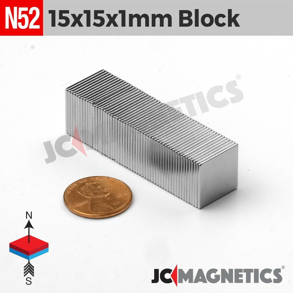 Thin Magnet Block 15mm x 15mm x 1mm N52 Strong Rare Earth Neodymium Craft Fridge