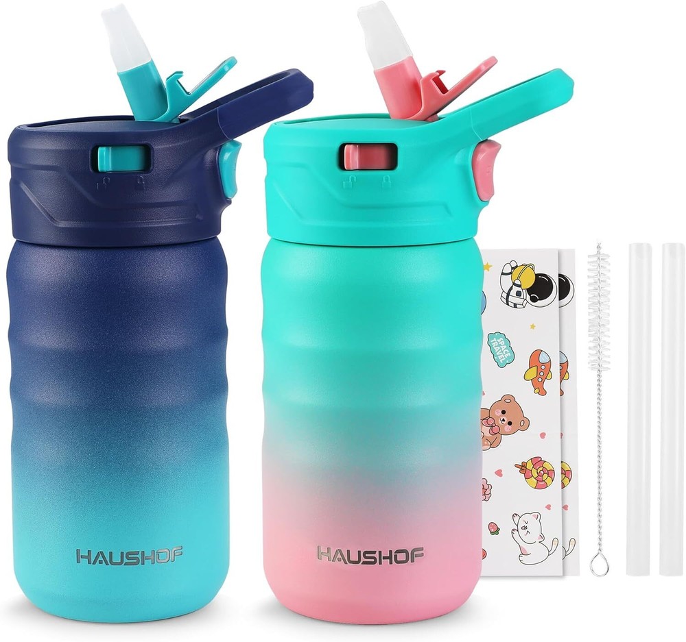 HAUSHOF Kids Water Bottle 2-Pack (12 oz)Stainless Steel BPA-free Leakproof
