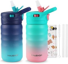 HAUSHOF Kids Water Bottle 2-Pack (12 oz)Stainless Steel BPA-free Leakproof