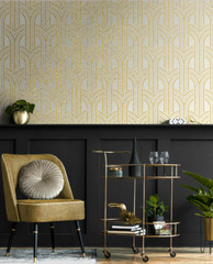 Broadway Arches arthouse trellis lines white yellow gold metallic Wallpaper roll