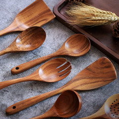 Natural Teak Wooden Cooking Utensils 7pc Set Non-Stick Spatula Spoons Kitchen