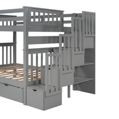 Full Over Full Bunk Bed w/ 6 Storage Drawers & Stairs For Kids Teens Adults Gray