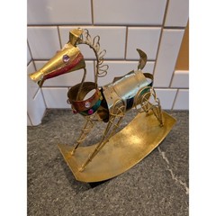 Vintage Metal Rocking Horse Figurine Decor Gold Tone Jeweled Accent